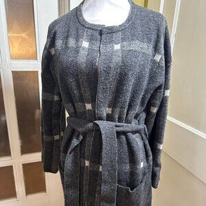 Merino wool Gray, black Plaid Knit Cardigan / Sweater Coat with Belt & Pockets
